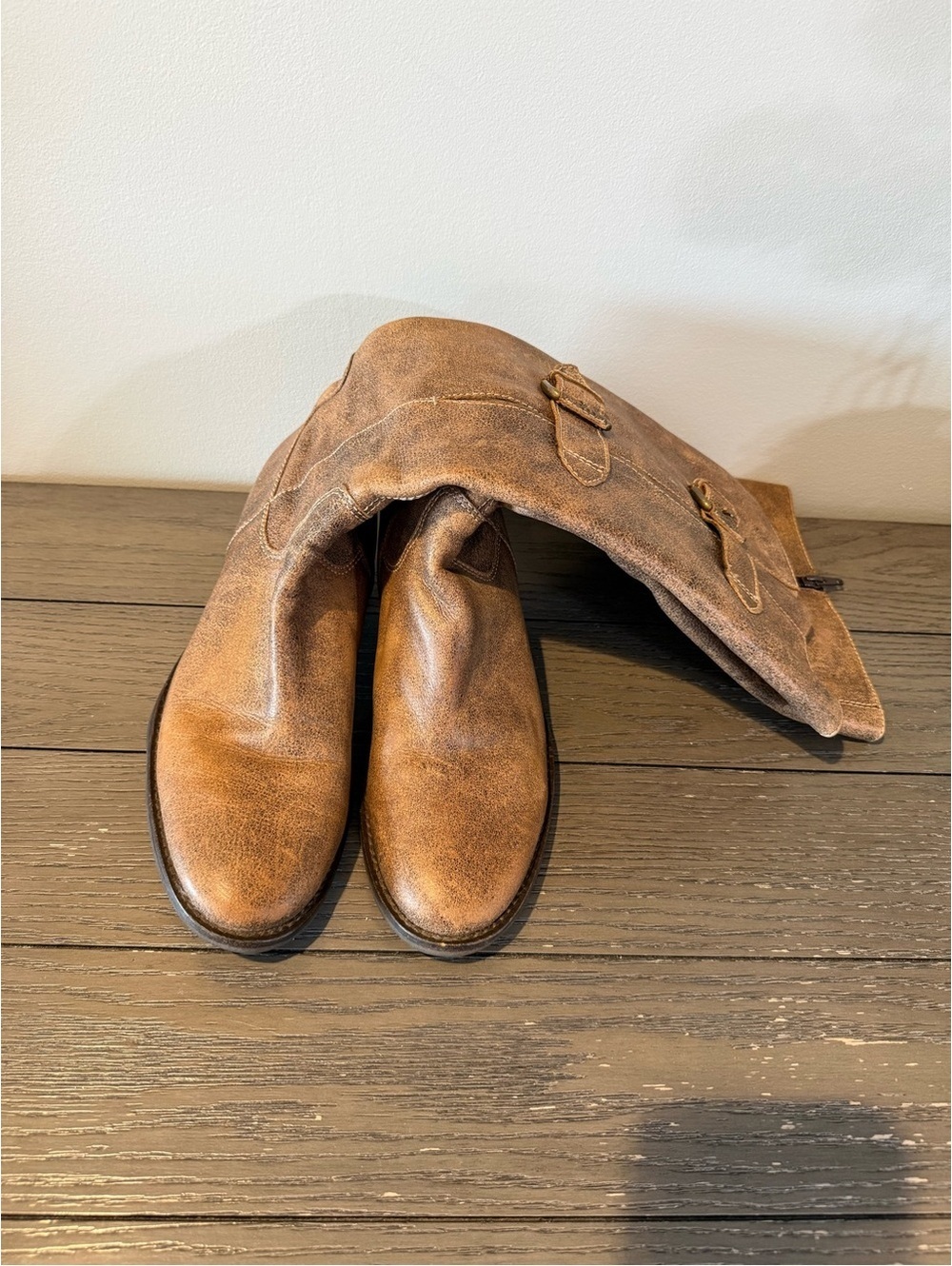 Ecco Distressed Brown Leather Knee Boots with Buckle Straps - Picture 3 of 7